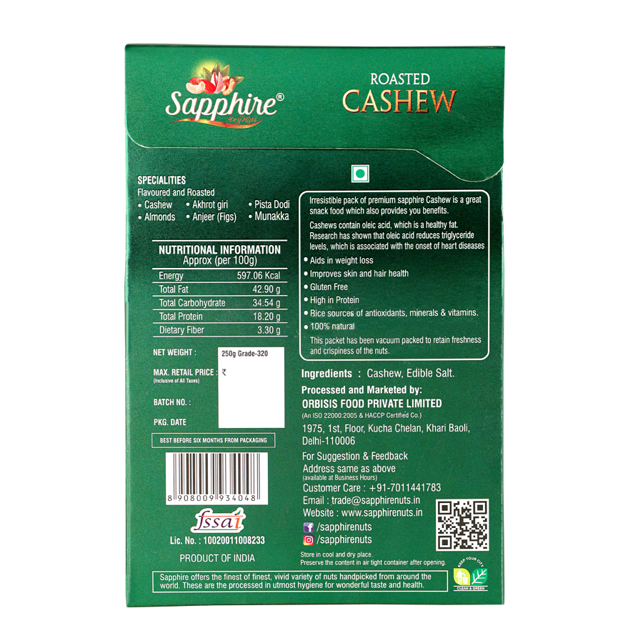 Sapphire Classic Salted Cashew (W320), 250g