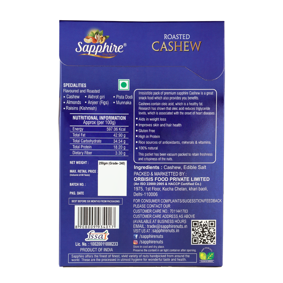 Sapphire Classic Salted Cashew (W240), 250g