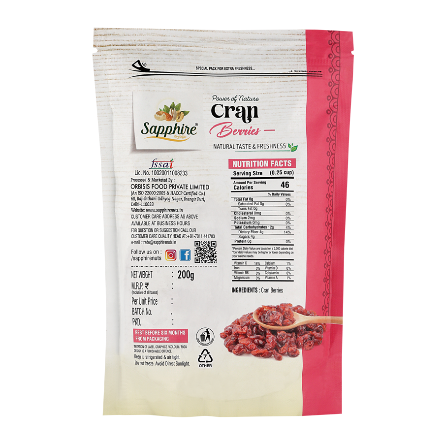 Sapphire Premium California Dried Cran Berries, 200g