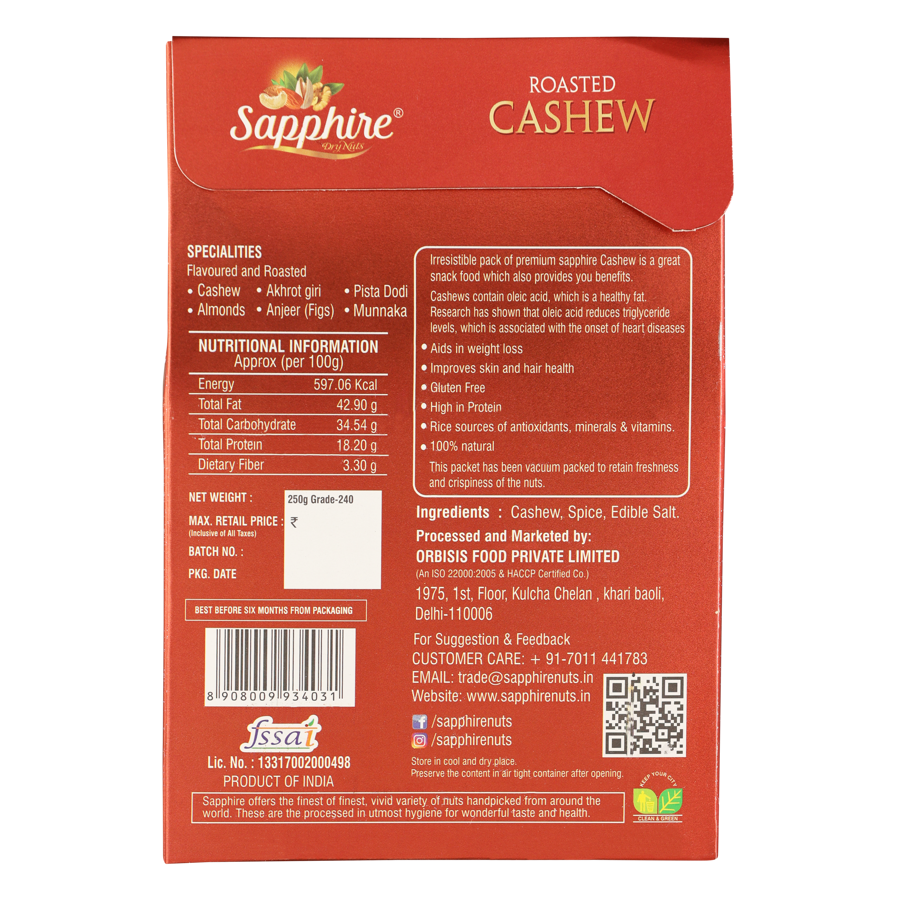 Sapphire Masala Cashew (W240), 250g