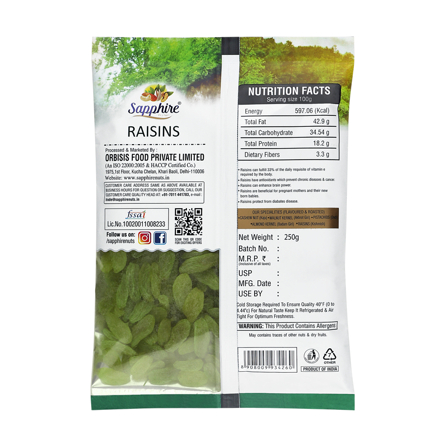 Sapphire Green Long Raisins/Kishmish, 250g