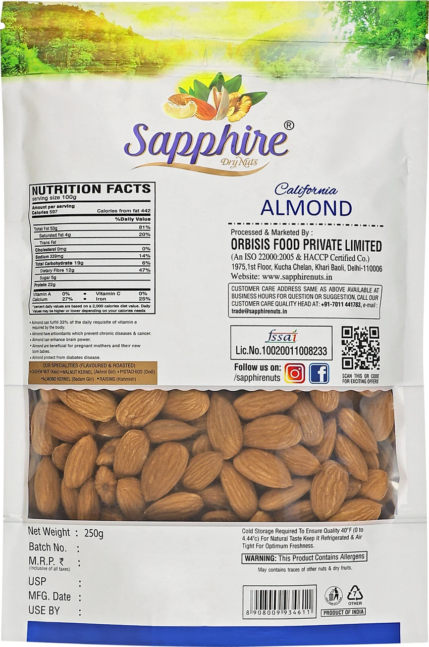 Sapphire Regular Raw California Almonds 250g 