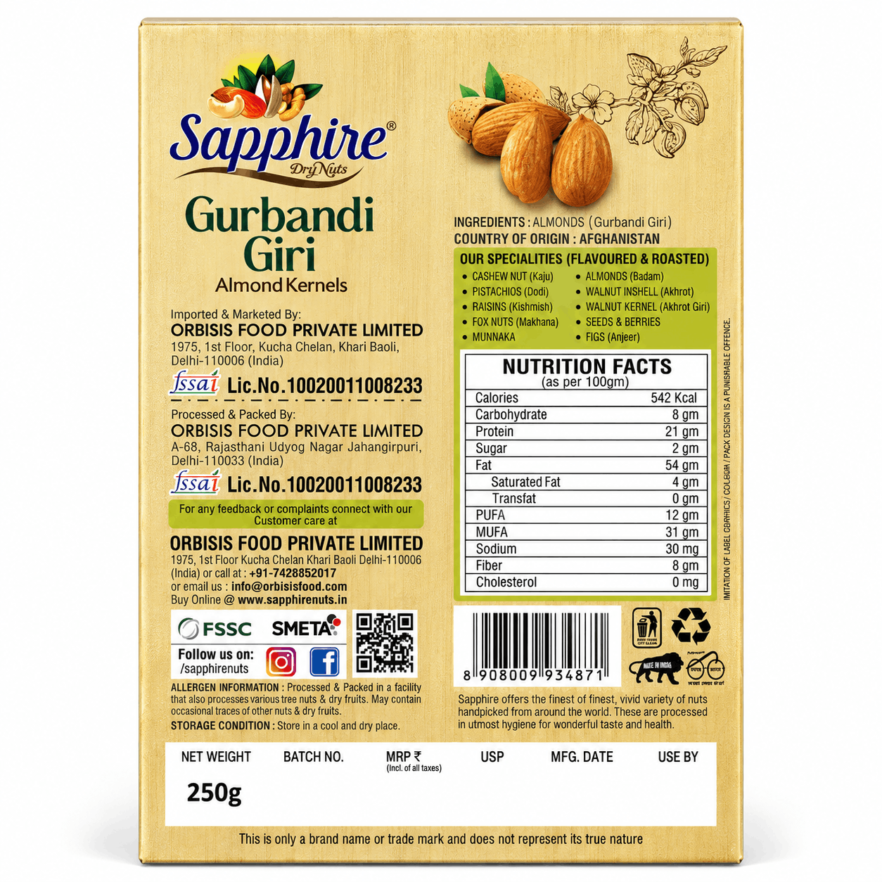 Sapphire Gurbandi Almond,  250g