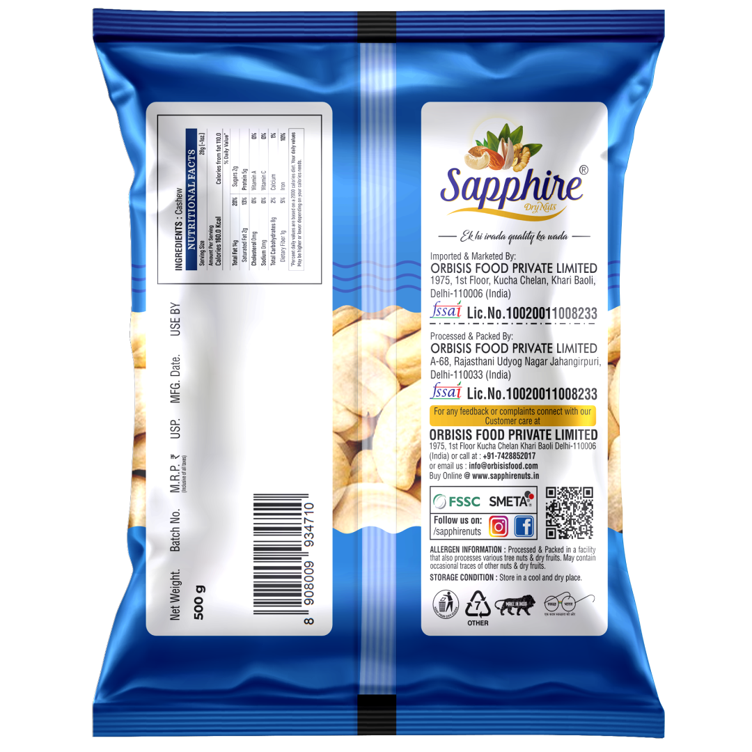 Sapphire Natural Cashew Nuts 500g
