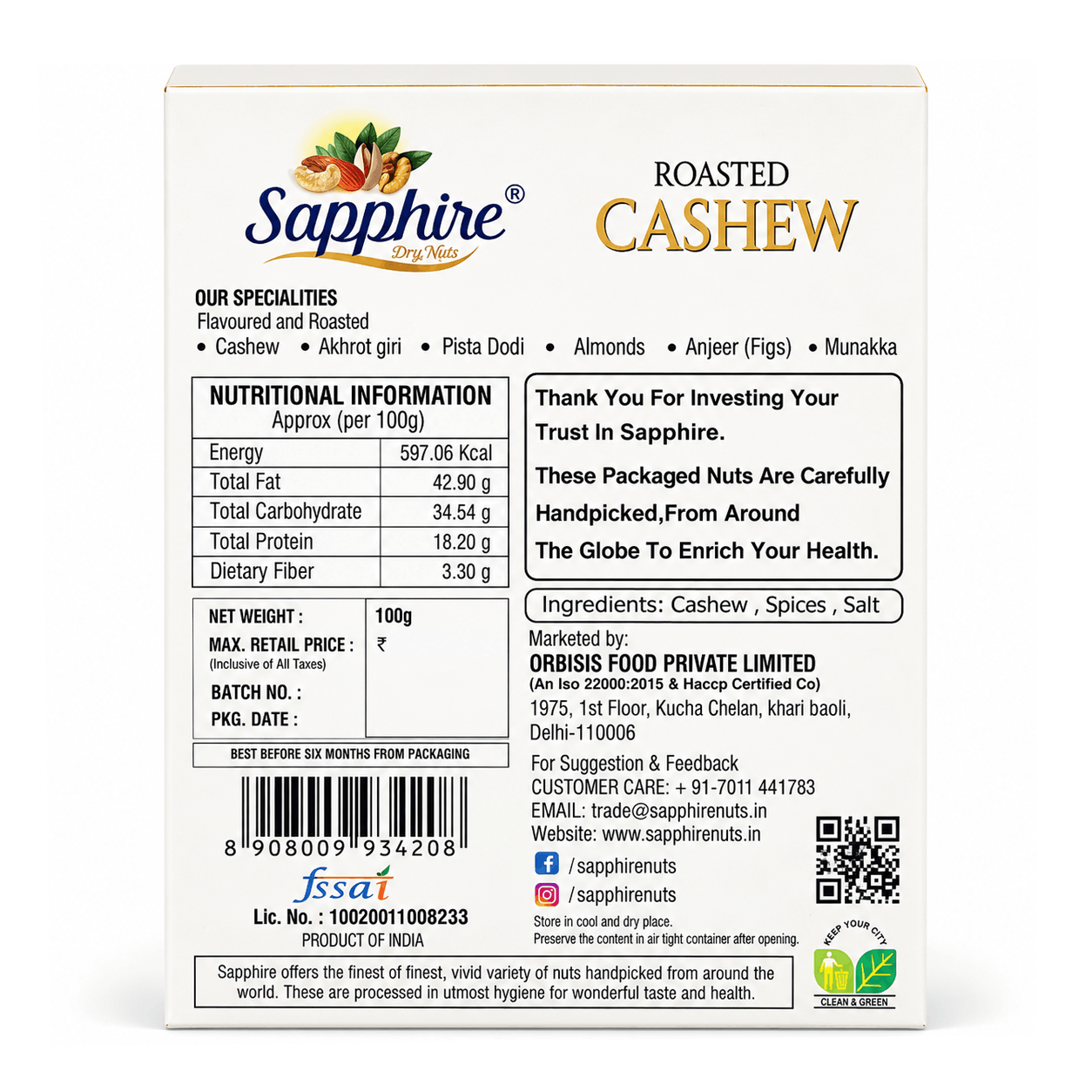 Sapphire Roasted Masala Cashew, 100g