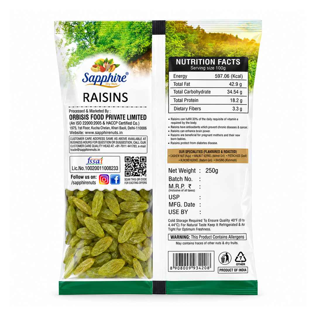 Sapphire Green Long Raisins/Kishmish, 250g