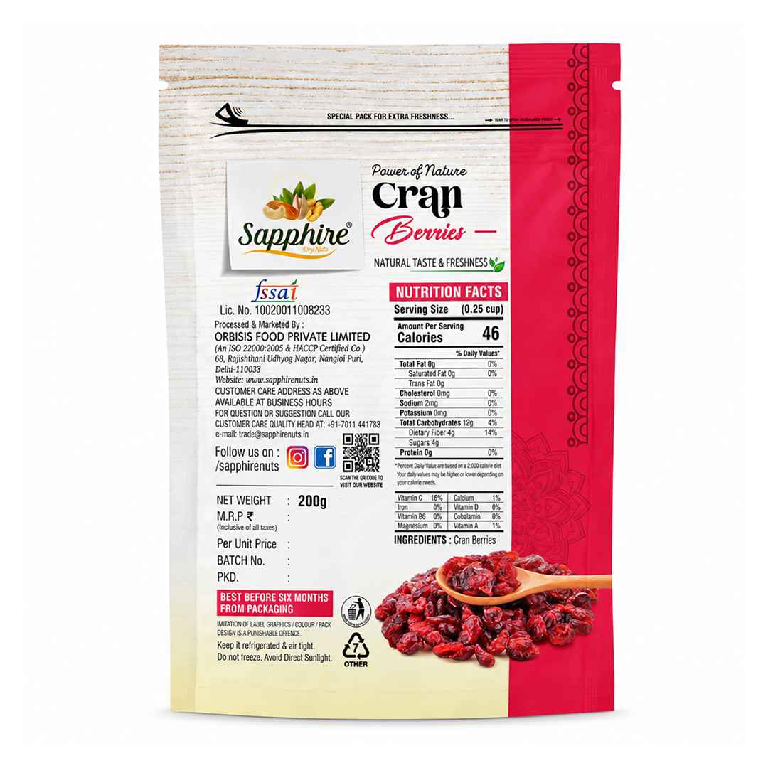 Sapphire Premium California Dried Cran Berries, 200g