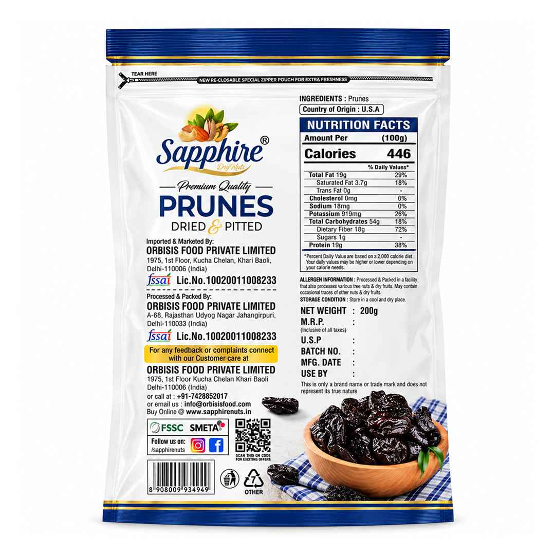 Sapphire Premium California  Pitted Dried Prunes, 200g