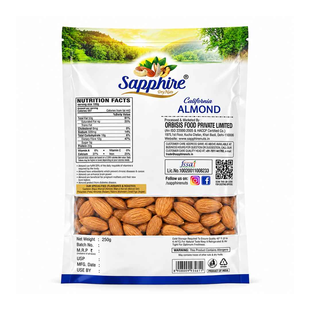 Sapphire Regular Raw California Almonds 250g 