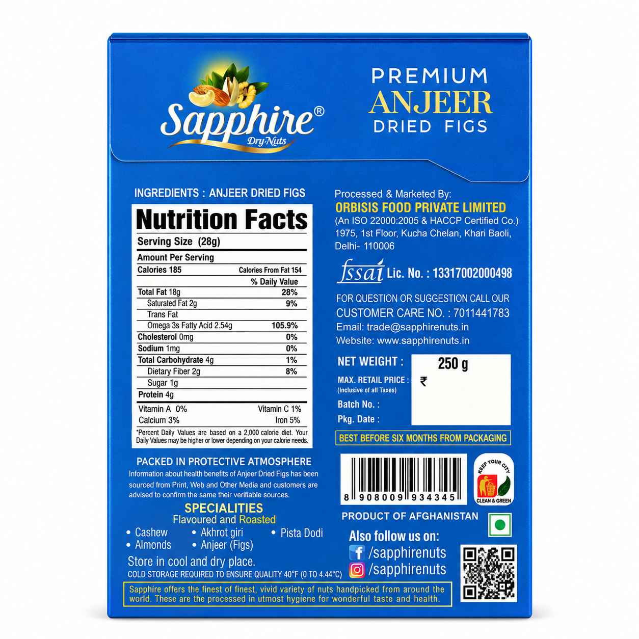 Sapphire Premium Fig/Anjeer,  250g
